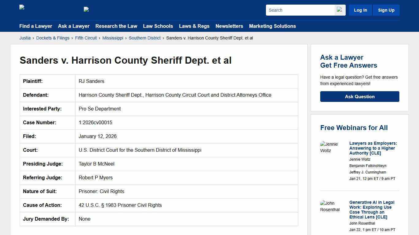 Sanders v. Harrison County Sheriff Dept. et al 1:2026cv00015 | U.S. District Court for the Southern District of Mississippi | Justia